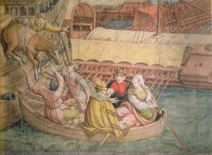 Kampanje av keiser Charles V mot tyrkerne ved Tunis i 1535: slaget ved Goletta, detalj av en hest som senkes ned i en båt, tegneserie for et billedvev (kull og wc på papir)